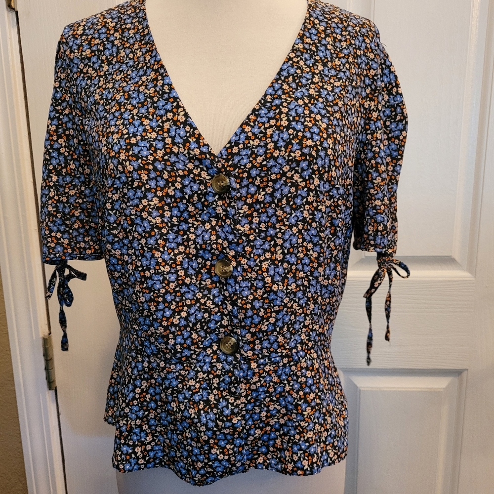Topshop Blue Floral Top Boho Bohemian Gypsy Cottage Core Bow Tie Sleeves Size 8